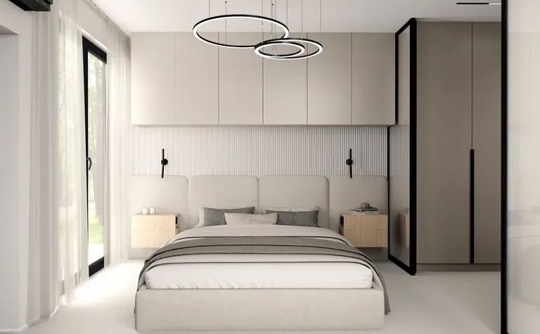 Nowoczesna sypialnia z jasnymi meblami, łóżkiem i lampami w stylu quiet luxury.