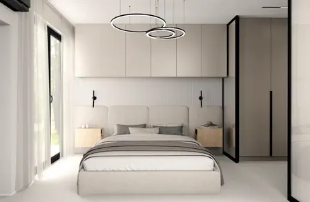 Nowoczesna sypialnia z jasnymi meblami, łóżkiem i lampami w stylu quiet luxury.