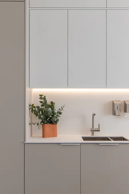 Kuchnia w stylu japandi z minimalistycznymi meblami, skandynawskim akcentem i rośliną.