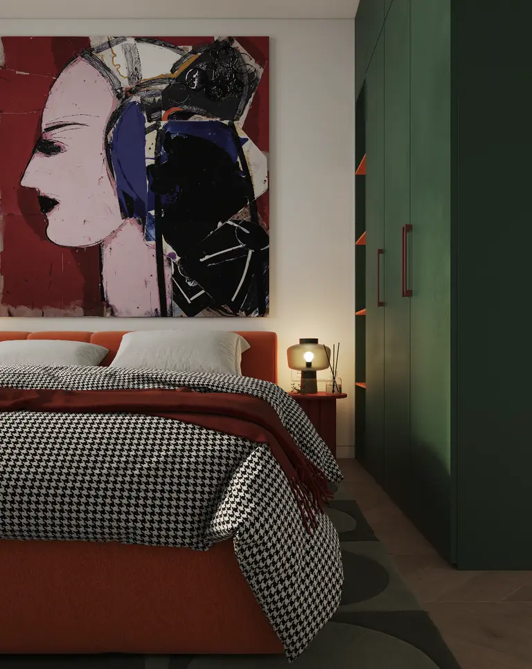 Wnętrze sypialni z pomarańczowym łóżkiem, zieloną szafą i artystycznym obrazem w tle. Styl: art deco, glamour, vintage.