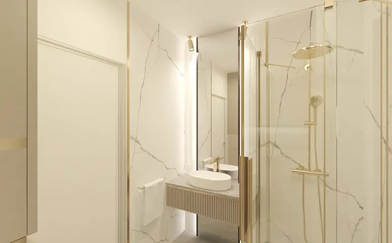 Nowoczesna łazienka z marmurową umywalką i złotymi detalami, styl glamour.