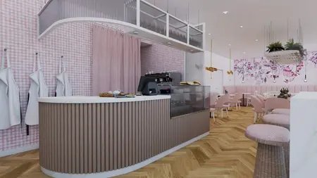Wnętrze kawiarni z różowymi akcentami i drewnianym blatem, styl dopamine decor.