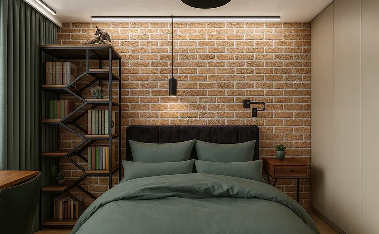 Sypialnia z ceglaną ścianą, zieloną pościelą i regałem w stylu industrialnym.