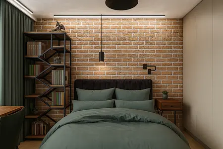 Sypialnia z ceglaną ścianą, zieloną pościelą i regałem w stylu industrialnym.