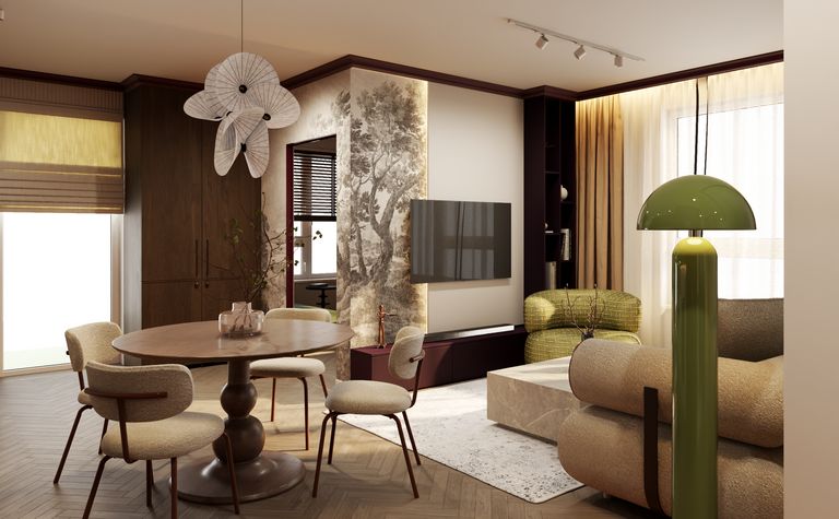 Wnętrze jadalni w stylu art deco z zieloną lampą i okrągłym stołem