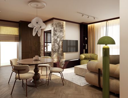 Wnętrze jadalni w stylu art deco z zieloną lampą i okrągłym stołem