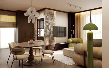 Wnętrze jadalni w stylu art deco z zieloną lampą i okrągłym stołem