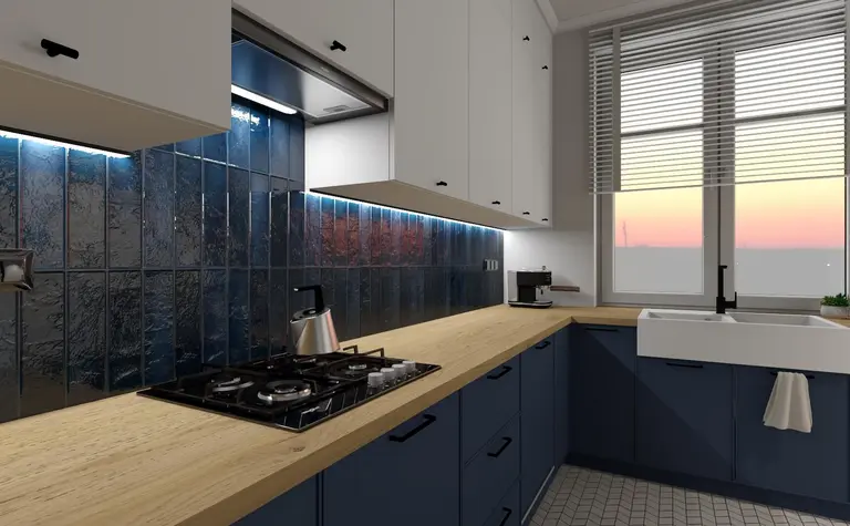 Wnętrze kuchni z niebieskimi kafelkami, drewnianym blatem i minimalistycznym designem.
