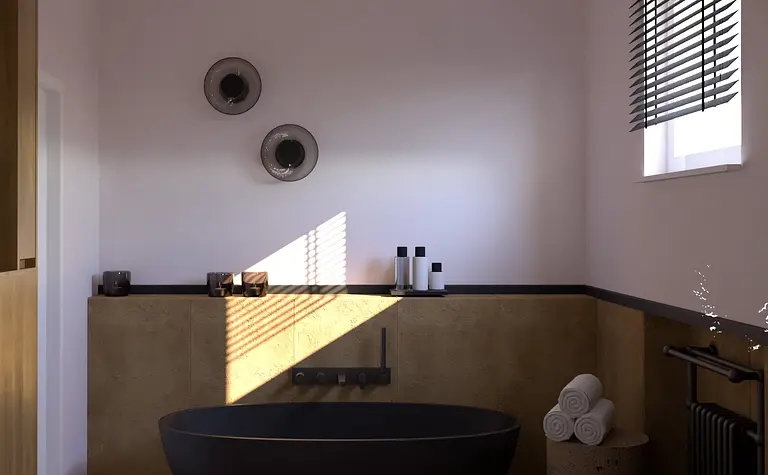 Nowoczesna łazienka w stylu soft minimalizm i vintage z czarną wanną.