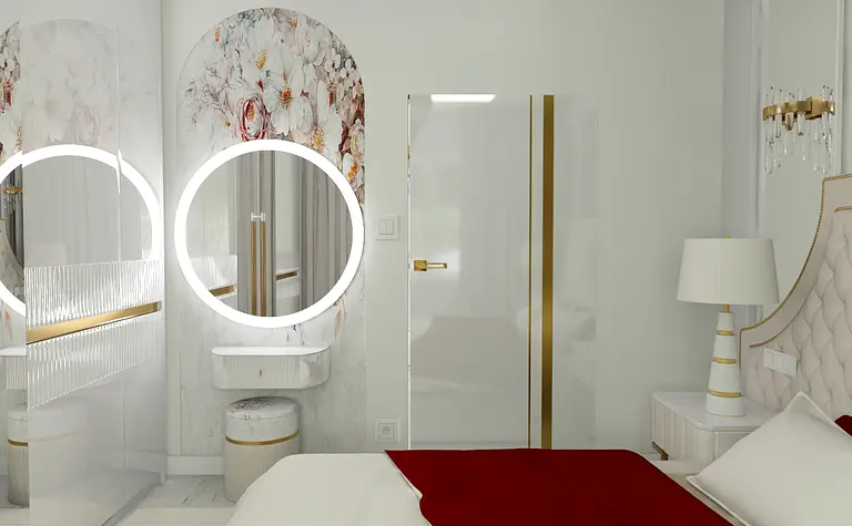 Sypialnia glamour z białymi meblami i czerwonymi dodatkami.