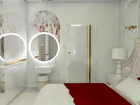 Sypialnia glamour z białymi meblami i czerwonymi dodatkami.