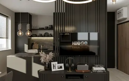 Wnętrze salonu z czarnymi akcentami i nowoczesnym oświetleniem, styl quiet luxury.