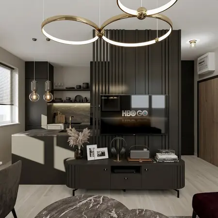 Wnętrze salonu z czarnymi akcentami i nowoczesnym oświetleniem, styl quiet luxury.