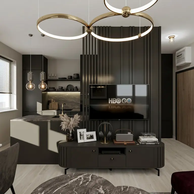 Wnętrze salonu z czarnymi akcentami i nowoczesnym oświetleniem, styl quiet luxury.