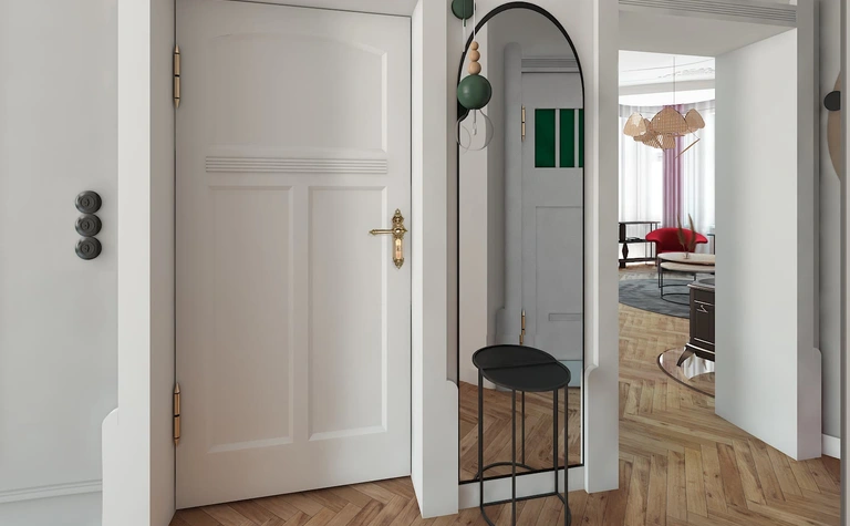 Stylowy przedpokój z lustrem, białymi ścianami i drewnianą podłogą w stylu dopamine decor.
