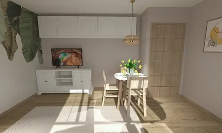 Jadalnia z białymi meblami, drewnianym stołem i roślinami.