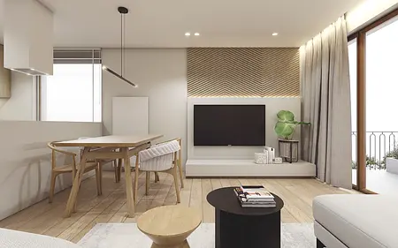 Wnętrze salonu z minimalistycznym wystrojem, nowoczesnym oświetleniem i soft minimalizmem.