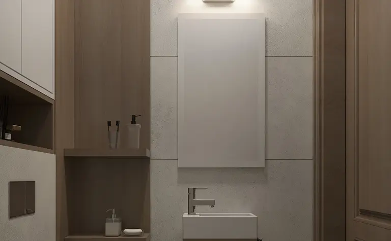 Wnętrze łazienki w stylu art deco, glamour i soft minimalizm z drewnianymi dodatkami.