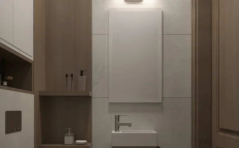 Wnętrze łazienki w stylu art deco, glamour i soft minimalizm z drewnianymi dodatkami.