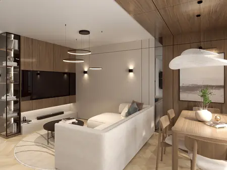 Wnętrze salonu w stylu japandi i minimalistycznym z jasną sofą i drewnianymi detalami.