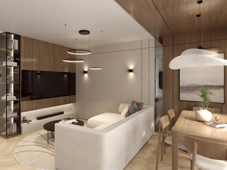 Wnętrze salonu w stylu japandi i minimalistycznym z jasną sofą i drewnianymi detalami.
