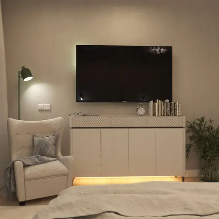 Wnętrze salonu z telewizorem, jasnymi meblami i rośliną, styl nowoczesny i skandynawski.