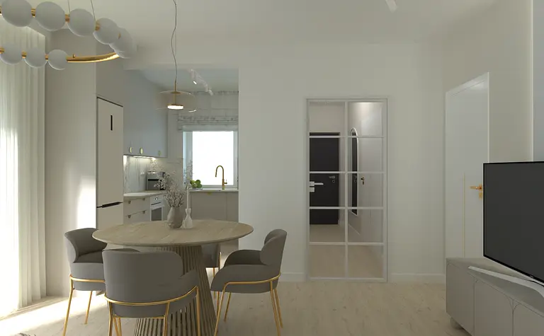 Wnętrze nowoczesnej kuchni z drewnianym stołem i jasnymi meblami.