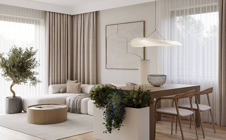 Wnętrze salonu w stylu skandynawskim z jasnymi meblami, roślinnością i drewnianym stołem.