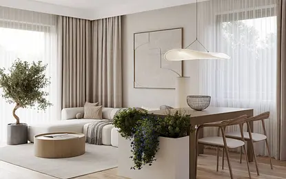 Wnętrze salonu w stylu skandynawskim z jasnymi meblami, roślinnością i drewnianym stołem.