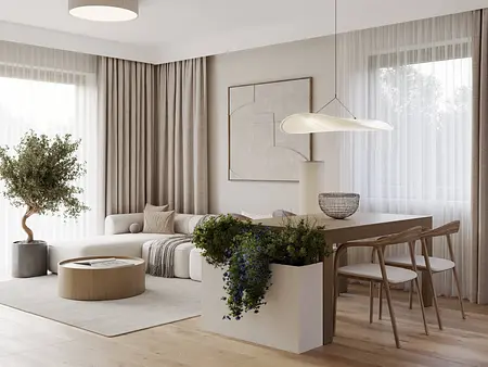 Wnętrze salonu w stylu skandynawskim z jasnymi meblami, roślinnością i drewnianym stołem.