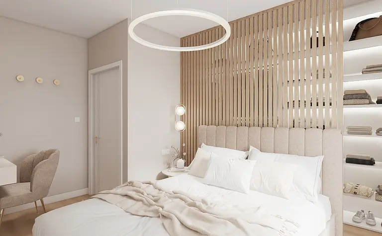 Sypialnia w stylu glamour i japandi z drewnianymi akcentami oraz nowoczesnym oświetleniem.