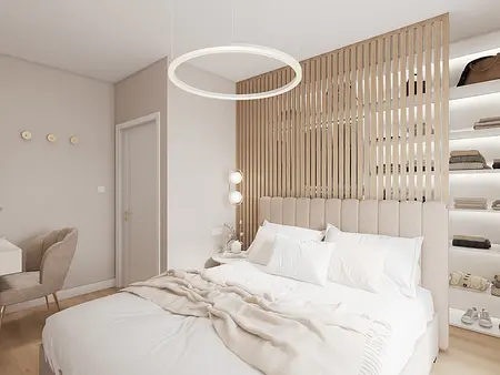 Sypialnia w stylu glamour i japandi z drewnianymi akcentami oraz nowoczesnym oświetleniem.