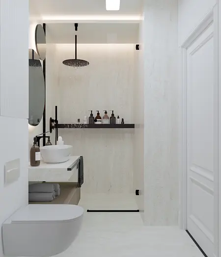 Nowoczesna łazienka w stylu minimalistycznym z elementami art deco i quiet luxury.