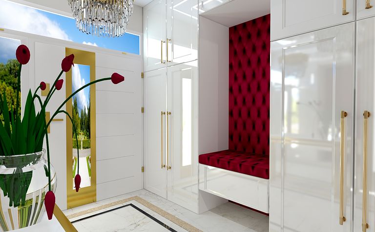 Przedpokój z białymi meblami, czerwonym siedziskiem i nowoczesnym żyrandolem glamour.