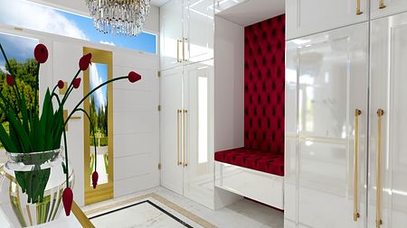 Przedpokój z białymi meblami, czerwonym siedziskiem i nowoczesnym żyrandolem glamour.