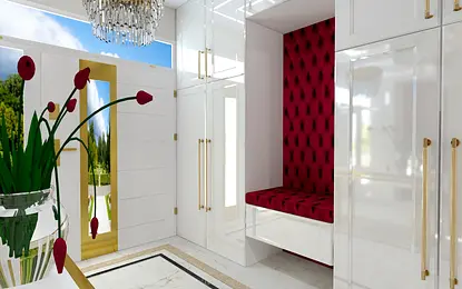 Przedpokój z białymi meblami, czerwonym siedziskiem i nowoczesnym żyrandolem glamour.