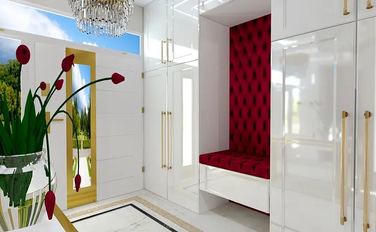 Przedpokój z białymi meblami, czerwonym siedziskiem i nowoczesnym żyrandolem glamour.