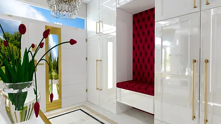 Przedpokój z białymi meblami, czerwonym siedziskiem i nowoczesnym żyrandolem glamour.