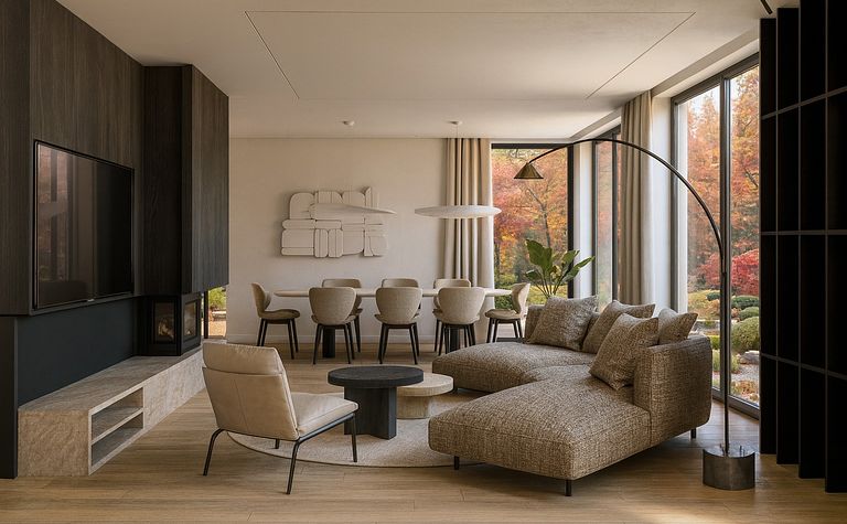 Wnętrze salonu z brązową sofą, jadalnią i nowoczesnymi akcentami.