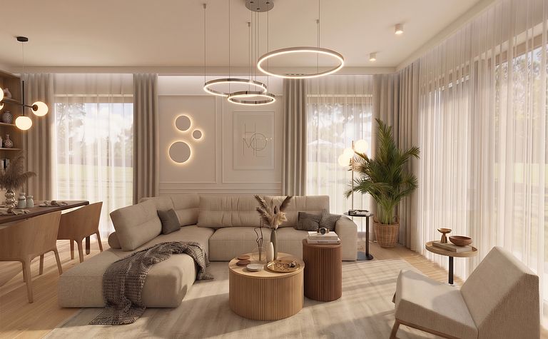 Wnętrze salonu w stylu japandi i minimalistycznym z naturalnymi elementami.