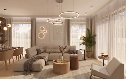 Wnętrze salonu w stylu japandi i minimalistycznym z naturalnymi elementami.