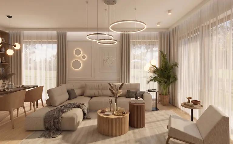 Wnętrze salonu w stylu japandi i minimalistycznym z naturalnymi elementami.