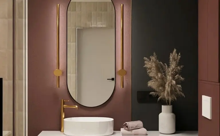 Nowoczesna łazienka w stylu art deco z brązowymi i białymi elementami