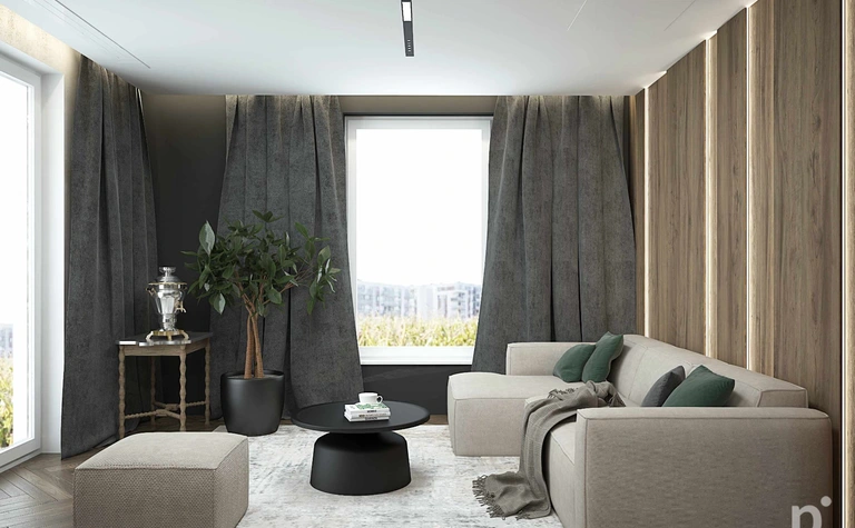 Wnętrze salonu z minimalistycznym designem, szarymi zasłonami i jasną sofą.
