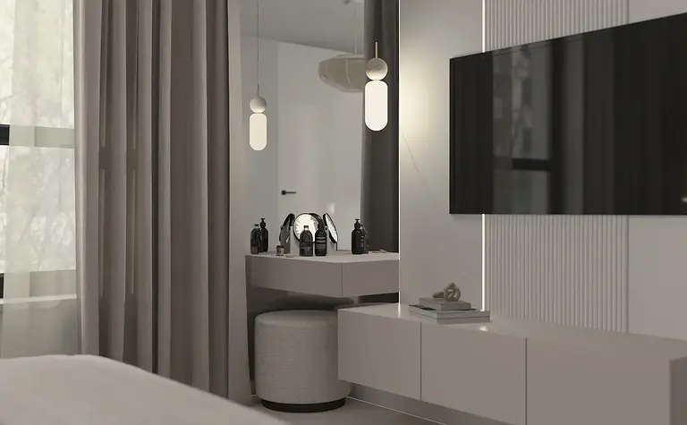 Przestronne wnętrze z przeszkleniem, drewnianą klatką schodową oraz roślinami. Styl minimalistyczny.
