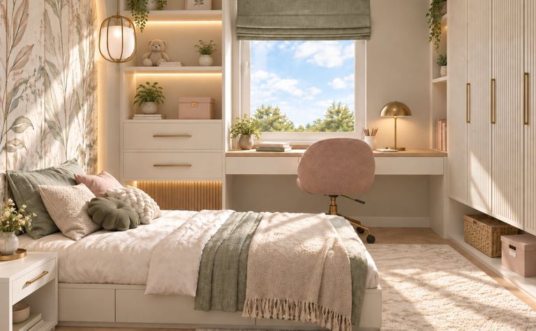 Wnętrze pokoju w stylu soft minimalizm, nowoczesnym i boho z łóżkiem i biurkiem