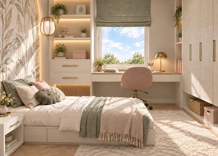 Wnętrze pokoju w stylu soft minimalizm, nowoczesnym i boho z łóżkiem i biurkiem