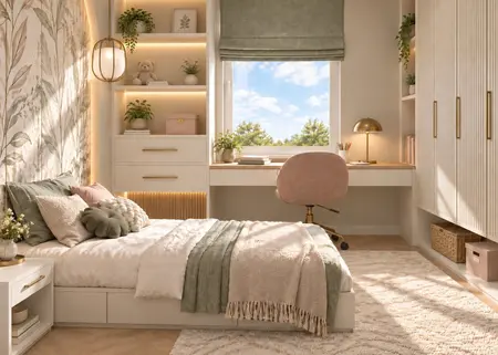 Wnętrze pokoju w stylu soft minimalizm, nowoczesnym i boho z łóżkiem i biurkiem
