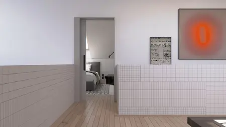 Wnętrze z nowoczesnymi akcentami, białymi ścianami i drewnianą podłogą, styl dopamine decor, eklektyczny.