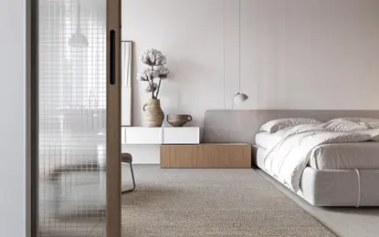 Wnętrze sypialni w stylu boho, japandi i minimalistycznym z białym łóżkiem.